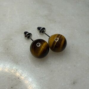 Round Brown-Black Tiger Stone Stud Earrings